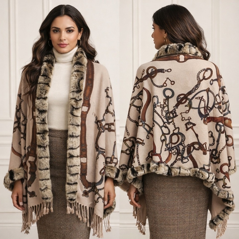 VOLARE 100% Cashmere Shawl Wrap Rex Rabbit Fur Equestrian Stirrups Old Money